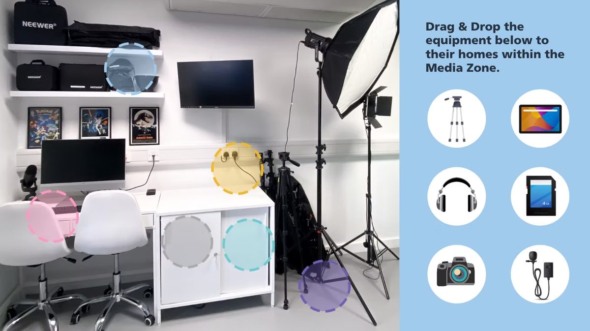 Drag and drop: A drag-and-drop activity: return each piece of kit to its home in the room.