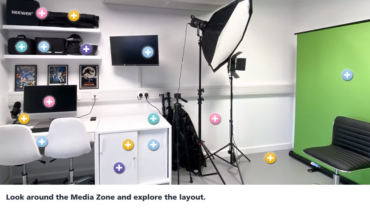 Explore the room: An explorable photo of the room, with hotspots colour-coded to each area.