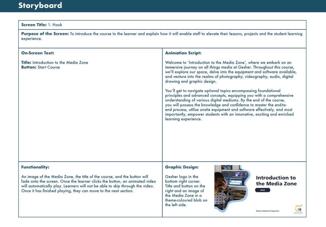 Storyboard page for the course hook screen